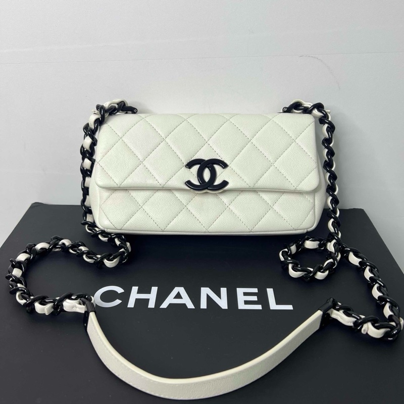 CHANEL香奈兒熊貓色荔枝紋牛皮CF大mini鏈條包 鐳射30開 尺寸：20x12x5cm-0