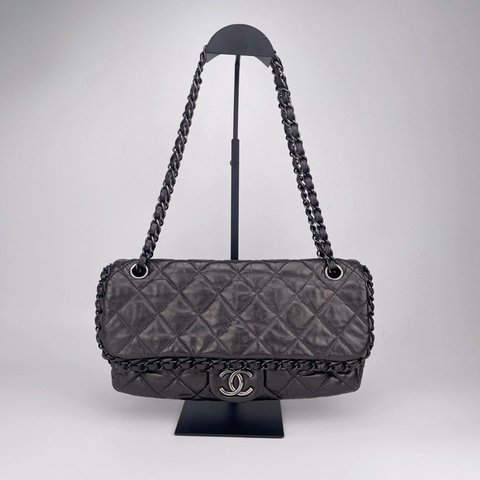 「JL精品代購」香奈兒碳灰銀油蠟牛皮滾邊cf翻蓋鏈條包