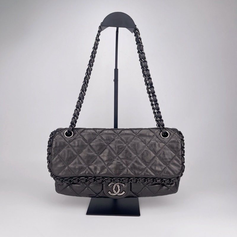 「JL精品代購」香奈兒碳灰銀油蠟牛皮滾邊cf翻蓋鏈條包-0