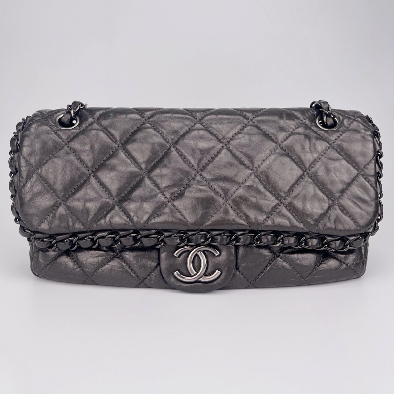 「JL精品代購」香奈兒碳灰銀油蠟牛皮滾邊cf翻蓋鏈條包-1