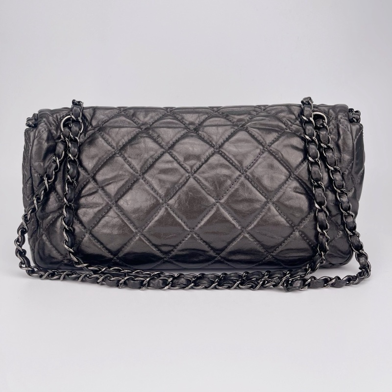 「JL精品代購」香奈兒碳灰銀油蠟牛皮滾邊cf翻蓋鏈條包-3
