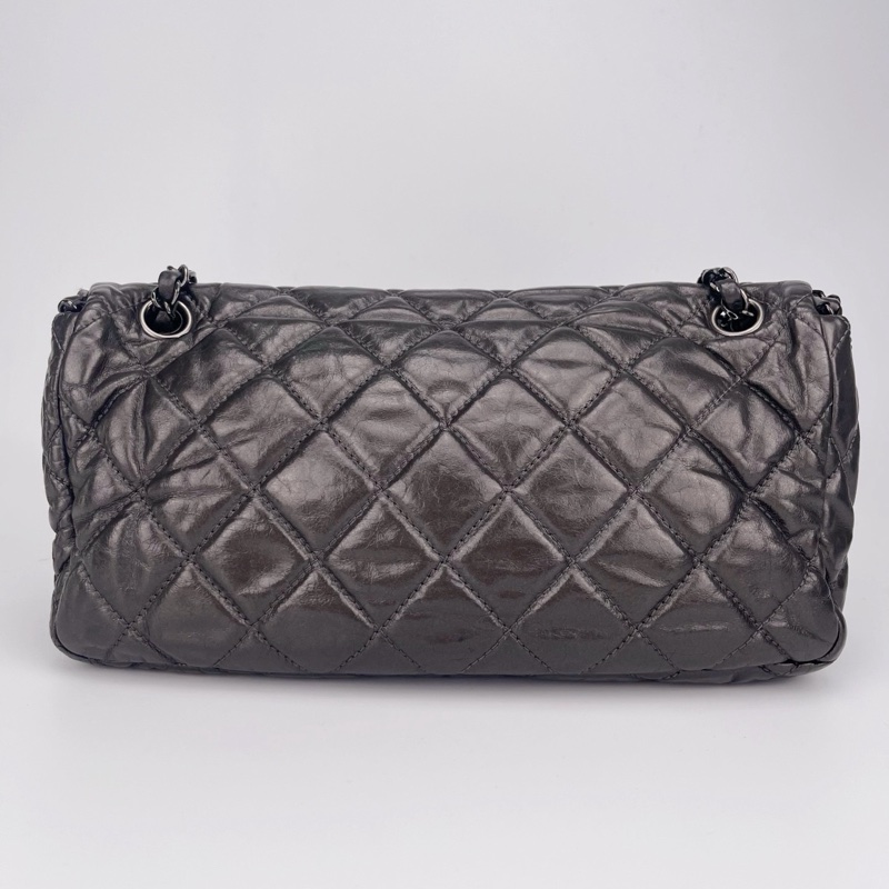 「JL精品代購」香奈兒碳灰銀油蠟牛皮滾邊cf翻蓋鏈條包-4