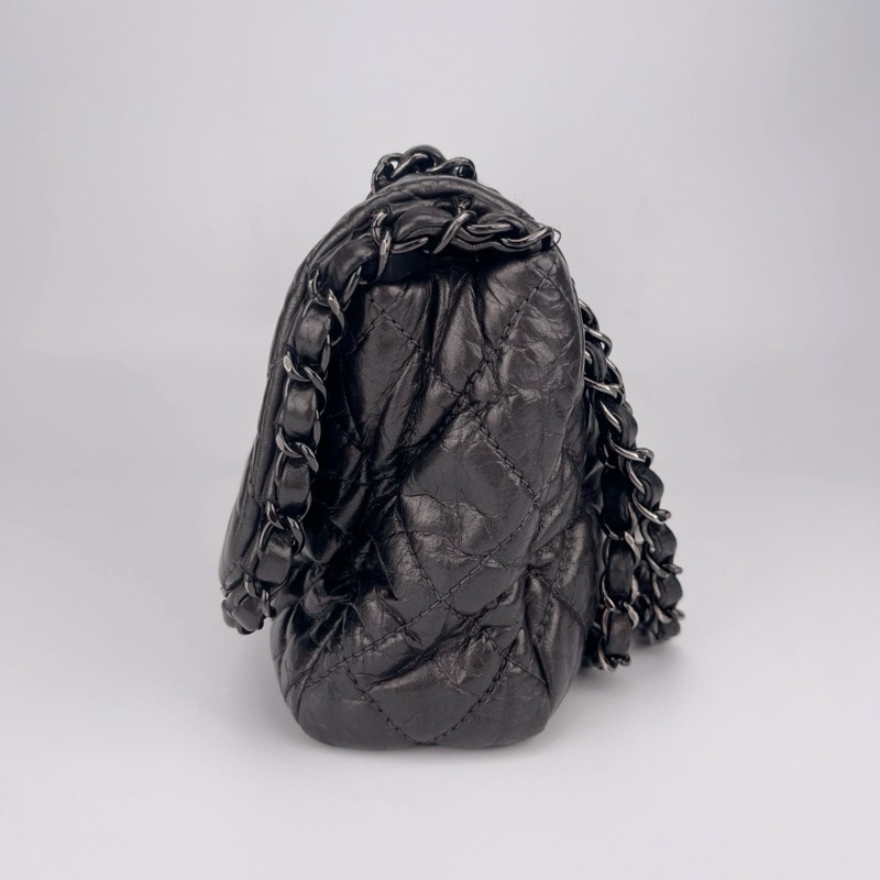 「JL精品代購」香奈兒碳灰銀油蠟牛皮滾邊cf翻蓋鏈條包-5