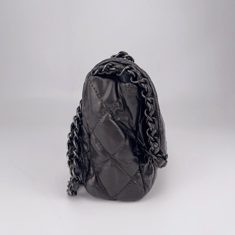 「JL精品代購」香奈兒碳灰銀油蠟牛皮滾邊cf翻蓋鏈條包-6