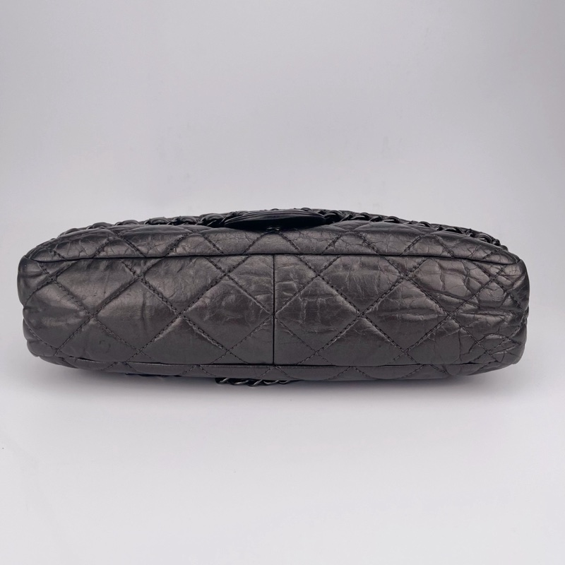 「JL精品代購」香奈兒碳灰銀油蠟牛皮滾邊cf翻蓋鏈條包-7