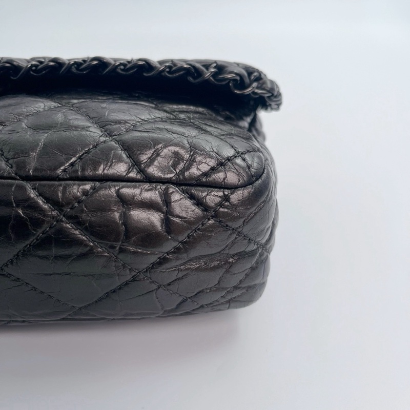 「JL精品代購」香奈兒碳灰銀油蠟牛皮滾邊cf翻蓋鏈條包-10