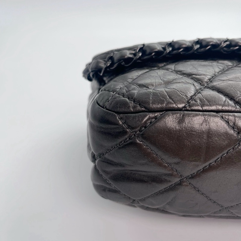 「JL精品代購」香奈兒碳灰銀油蠟牛皮滾邊cf翻蓋鏈條包-11