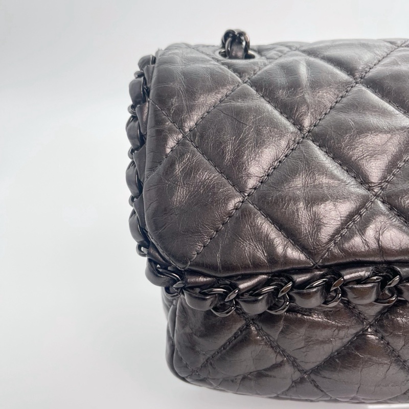 「JL精品代購」香奈兒碳灰銀油蠟牛皮滾邊cf翻蓋鏈條包-12