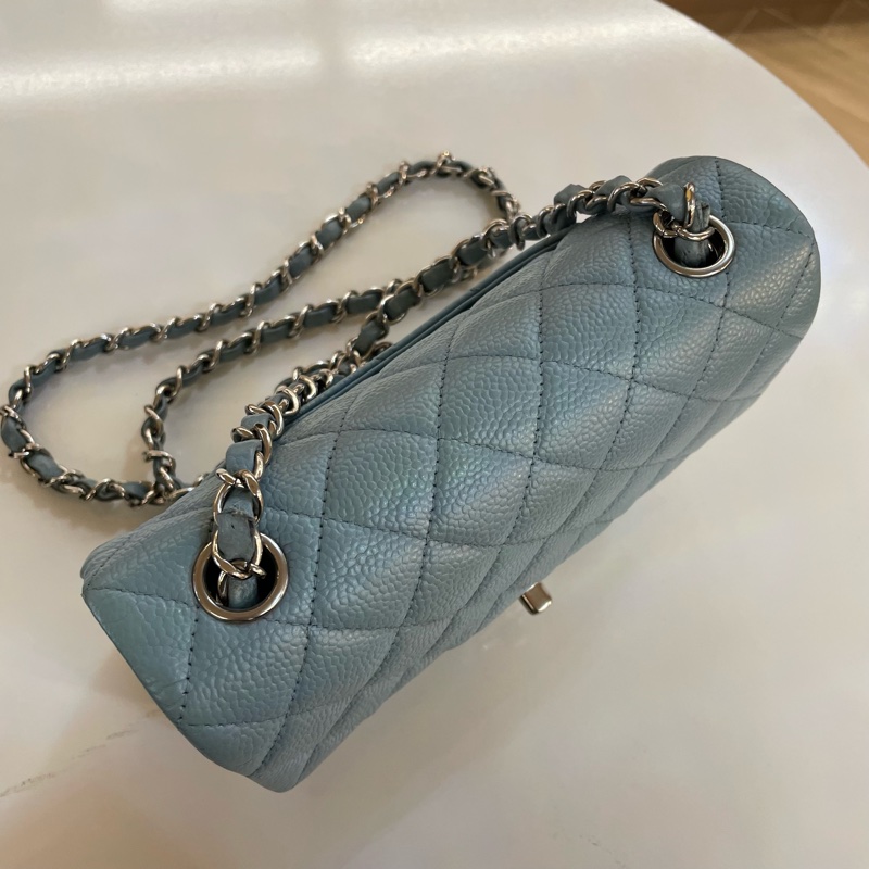 Chanel香奈儿蓝色小號荔枝纹牛皮银链包-4