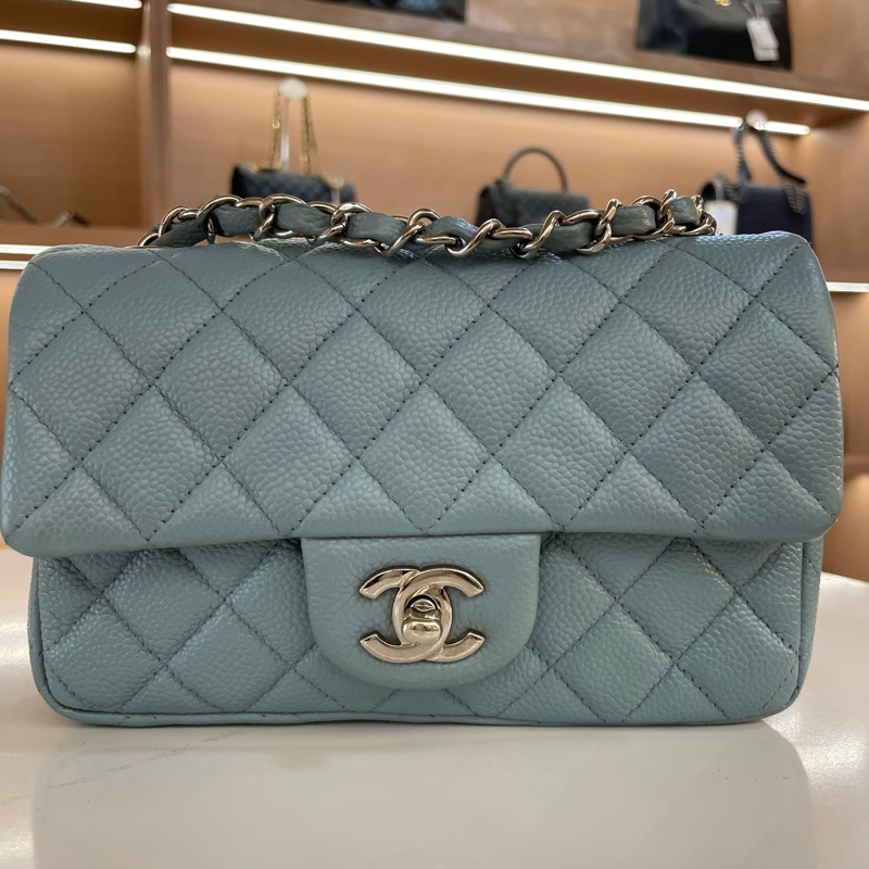 Chanel香奈儿蓝色小號荔枝纹牛皮银链包-5