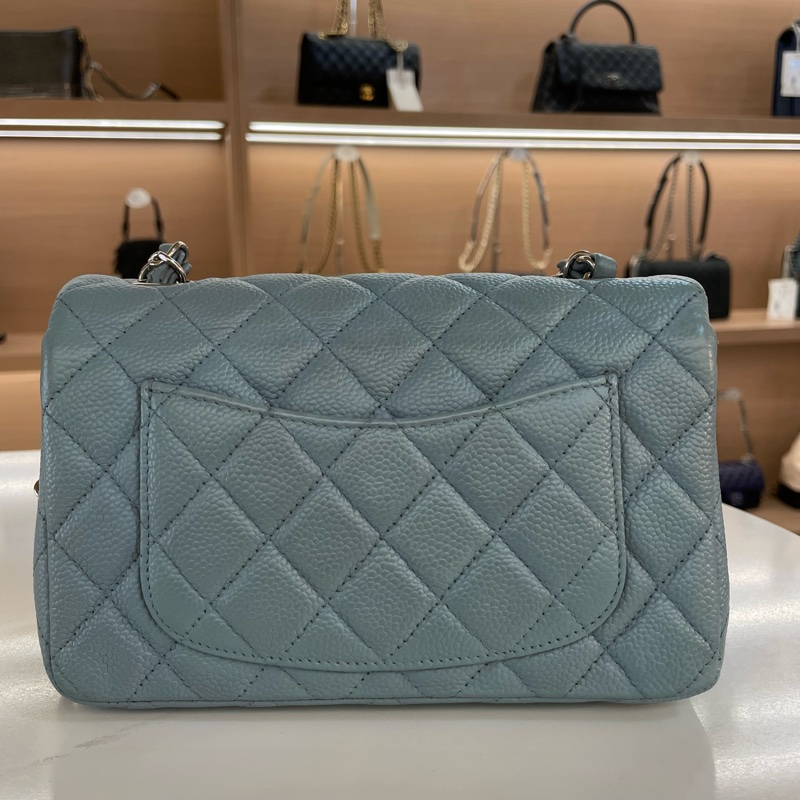 Chanel香奈儿蓝色小號荔枝纹牛皮银链包-6