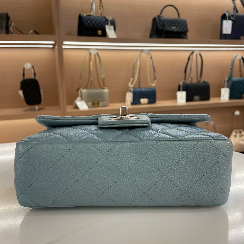 Chanel香奈儿蓝色小號荔枝纹牛皮银链包-7