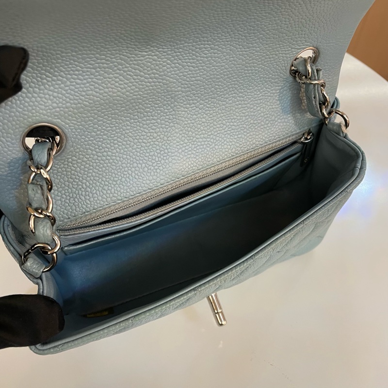 Chanel香奈儿蓝色小號荔枝纹牛皮银链包-10