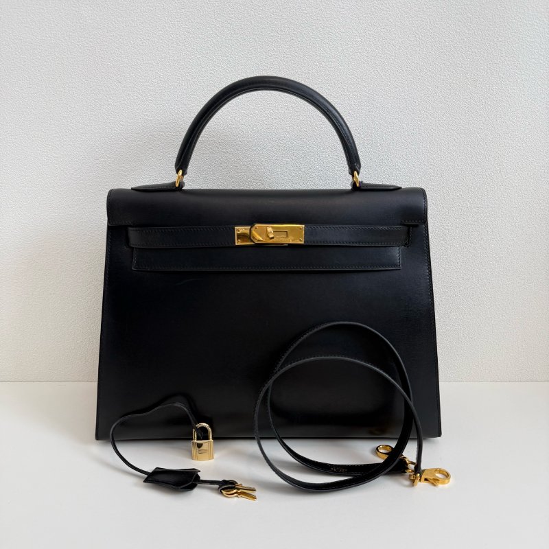 Hermes 愛馬仕 kelly 32 黑金 box 附件:肩帶、鎖頭、鑰匙、皮牌-0