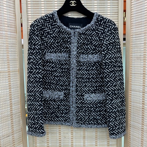 Chanel香奈兒 拜占庭系列灰黑條紋粗花呢圓領四口袋外套34碼