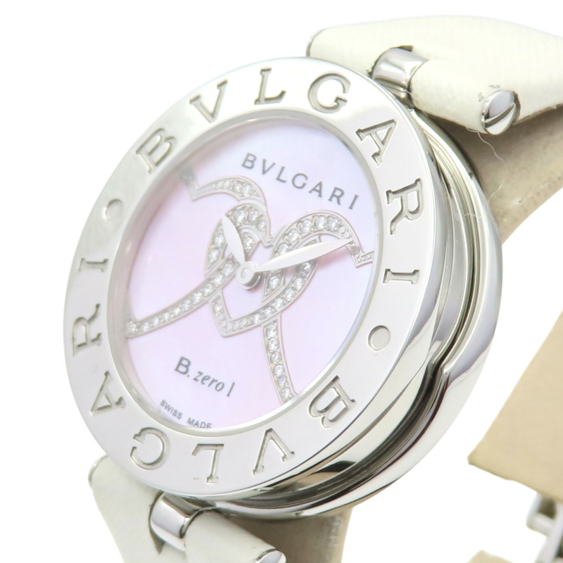 貝殼粉色母貝 錶盤 白色牛皮 錶帶 鑽石 B.ZERO1 腕錶【BVLGARI 寶格麗】 BZ30S-2