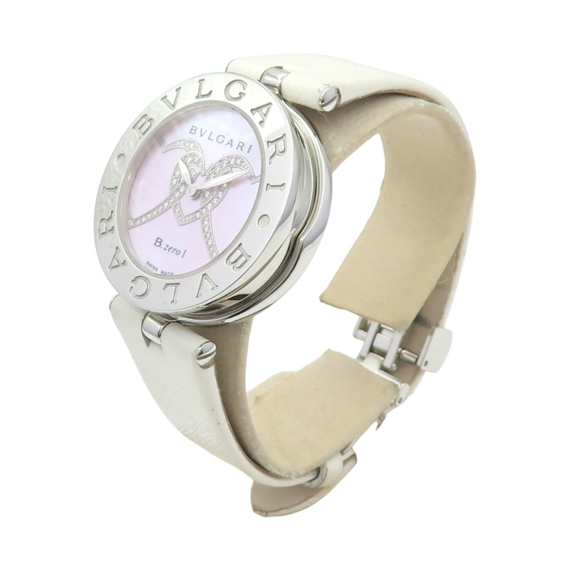 貝殼粉色母貝 錶盤 白色牛皮 錶帶 鑽石 B.ZERO1 腕錶【BVLGARI 寶格麗】 BZ30S-3
