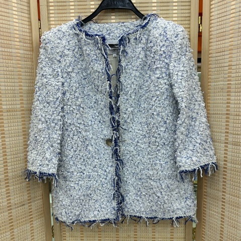 Chanel香奈兒2018瀑布系列藍色亮絲粗花呢流蘇外套 34碼 藍色亮絲滾邊流蘇 宋茜同款