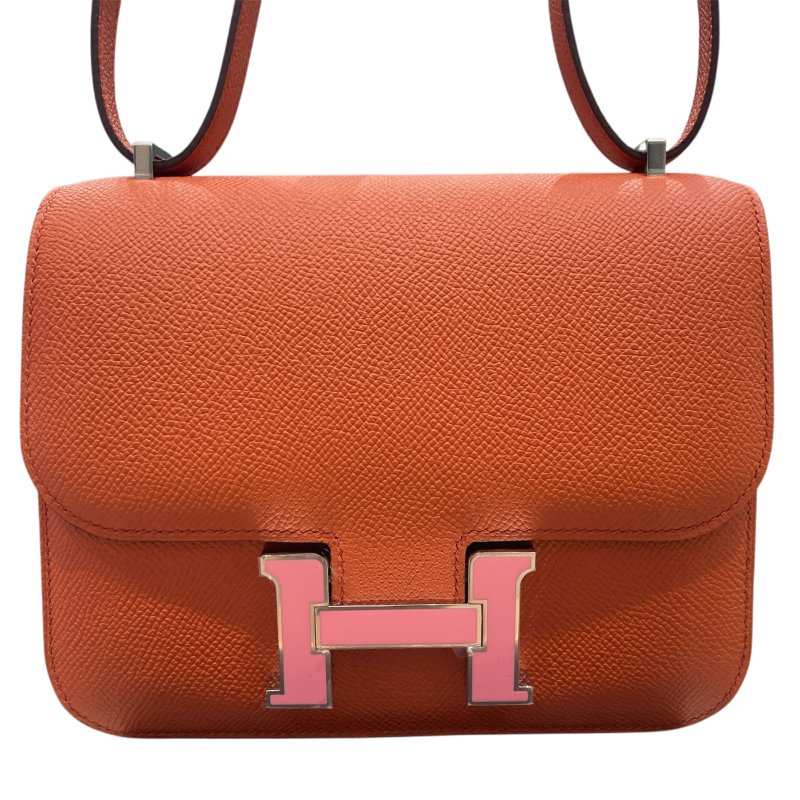 HERMES 愛馬仕 CONSTANCE19肩背包 EPSOM皮革 橘色 銀扣-0