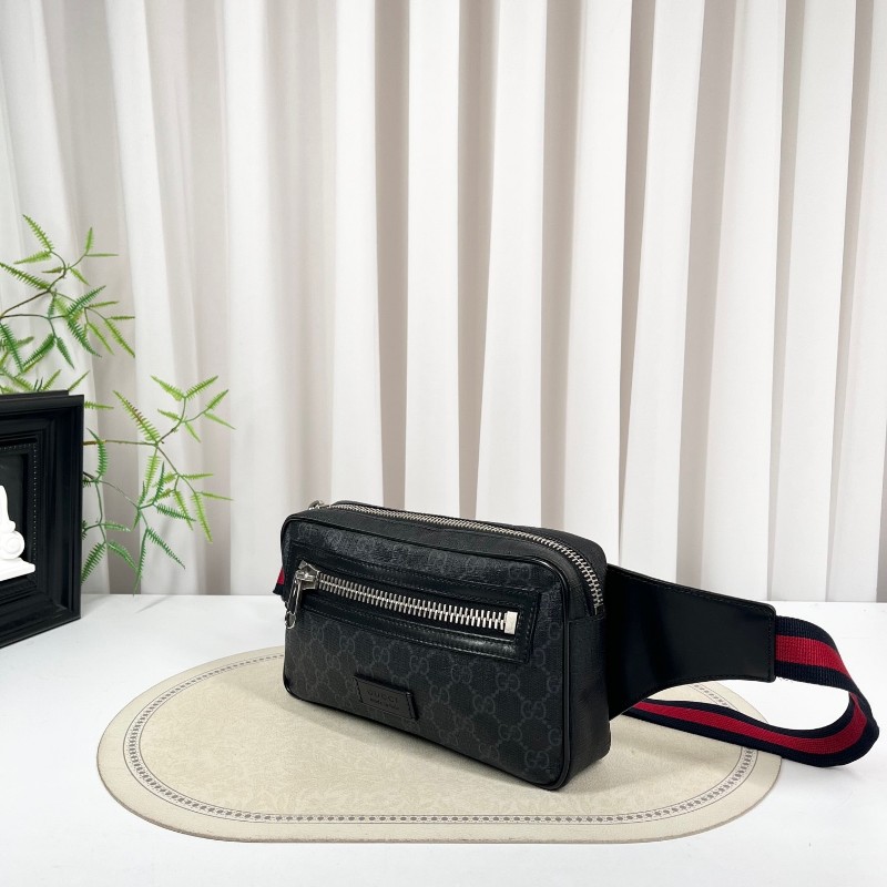 GUCCI古馳 老花Logo徽標條紋織帶肩帶 帆布拼皮革 胸包單肩腰包 時尚耐看 經典百搭-3