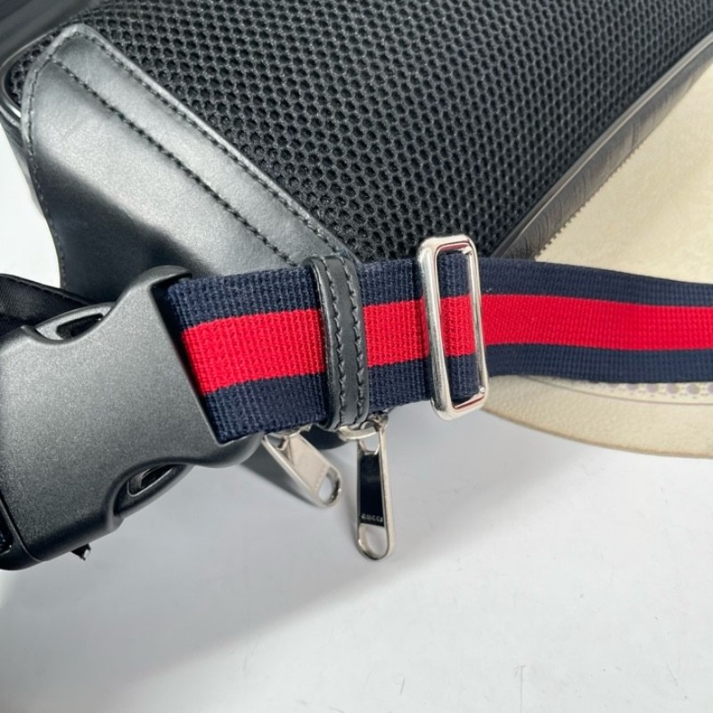GUCCI古馳 老花Logo徽標條紋織帶肩帶 帆布拼皮革 胸包單肩腰包 時尚耐看 經典百搭-12