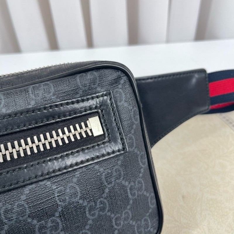 GUCCI古馳 老花Logo徽標條紋織帶肩帶 帆布拼皮革 胸包單肩腰包 時尚耐看 經典百搭-21