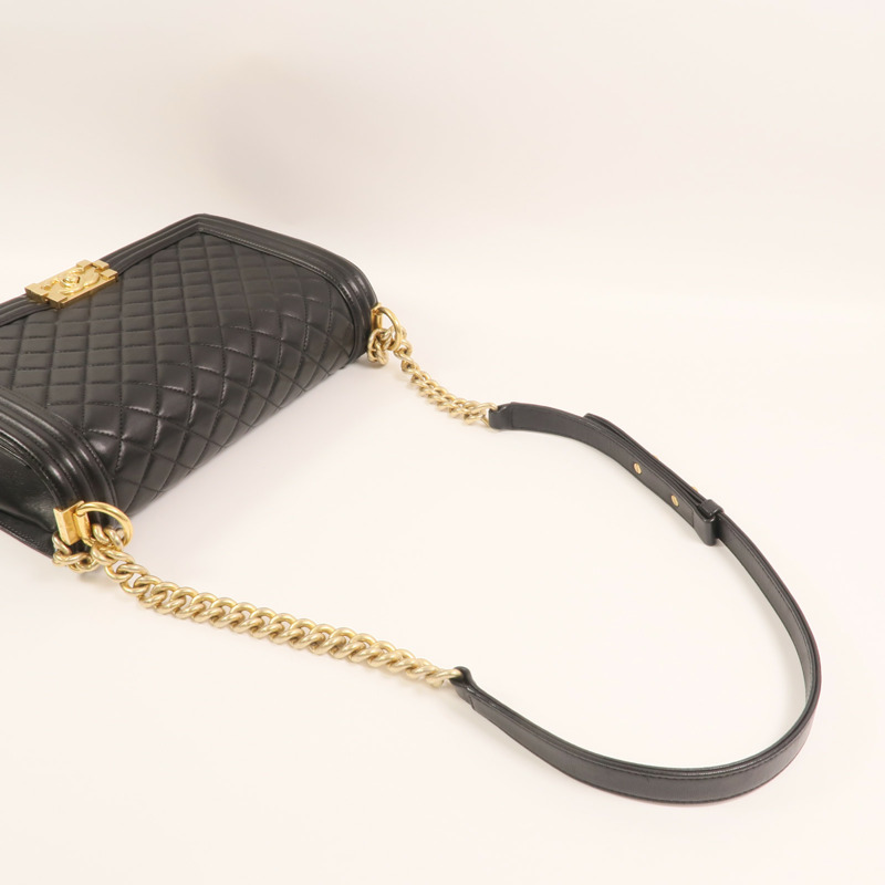 CHANEL 羊皮皮革Boy 28金扣鏈帶肩背袋-7