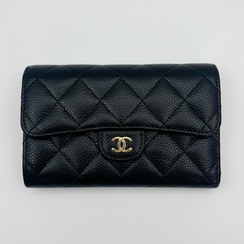 「JL精品代購」近新品  香奈兒黑金魚子醬牛皮cf款中錢包