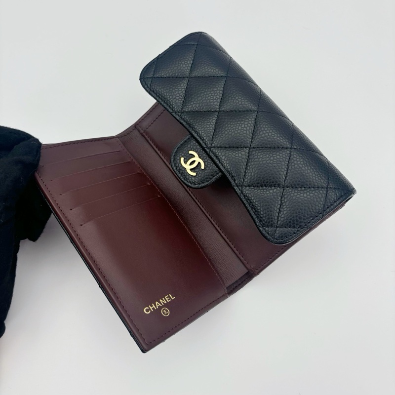 「JL精品代購」近新品 香奈兒黑金魚子醬牛皮cf款中錢包-2