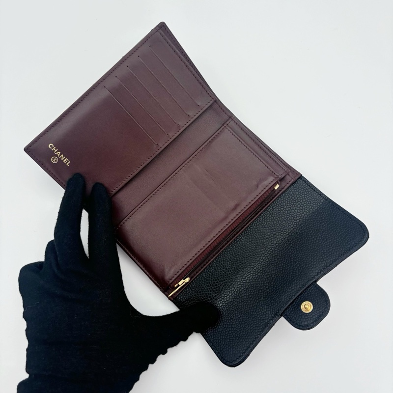 「JL精品代購」近新品 香奈兒黑金魚子醬牛皮cf款中錢包-3