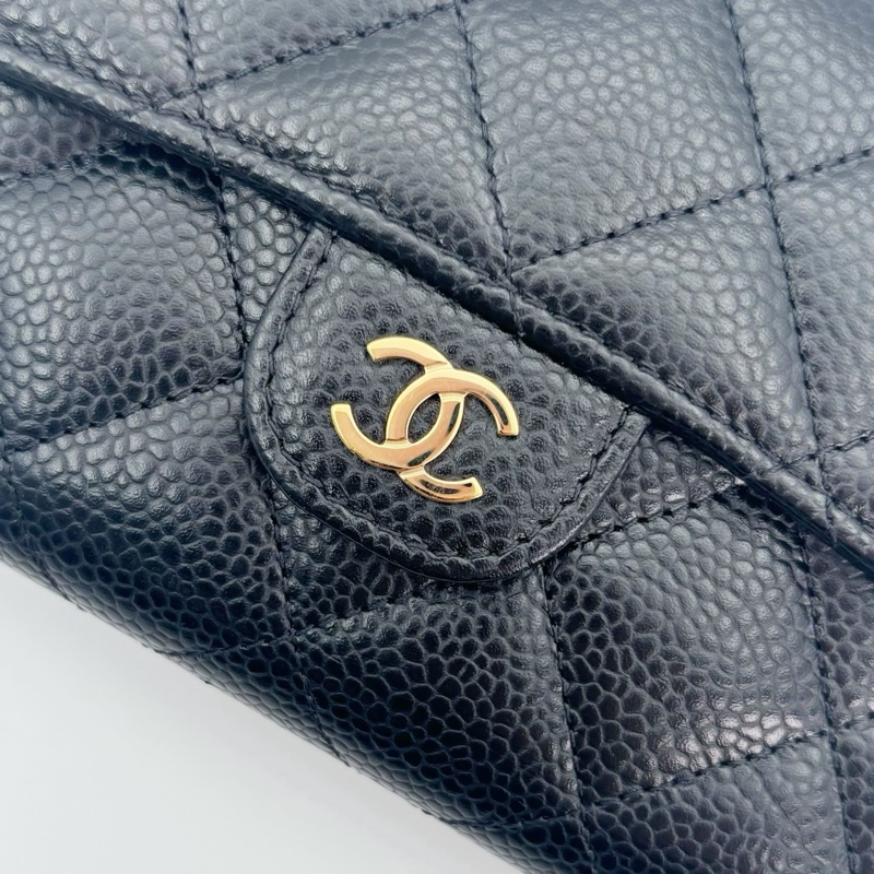 「JL精品代購」近新品 香奈兒黑金魚子醬牛皮cf款中錢包-7