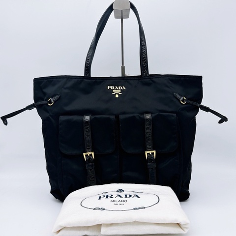 「JL精品代購」Prada黑金降落傘尼龍雙口郵差手提腋下通勤托特包