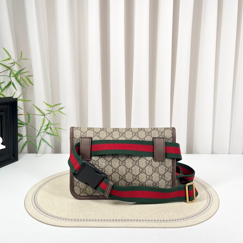 GUCCI古馳 Neo Vintage系列 燙金徽標老花滿印虎頭裝飾條紋肩帶 帆布拼皮 郵差包 腰包斜挎包 小號 烏木色/棕色-1