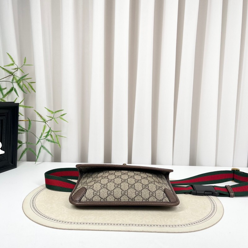 GUCCI古馳 Neo Vintage系列 燙金徽標老花滿印虎頭裝飾條紋肩帶 帆布拼皮 郵差包 腰包斜挎包 小號 烏木色/棕色-2