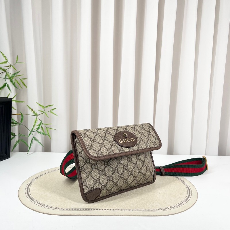 GUCCI古馳 Neo Vintage系列 燙金徽標老花滿印虎頭裝飾條紋肩帶 帆布拼皮 郵差包 腰包斜挎包 小號 烏木色/棕色-3