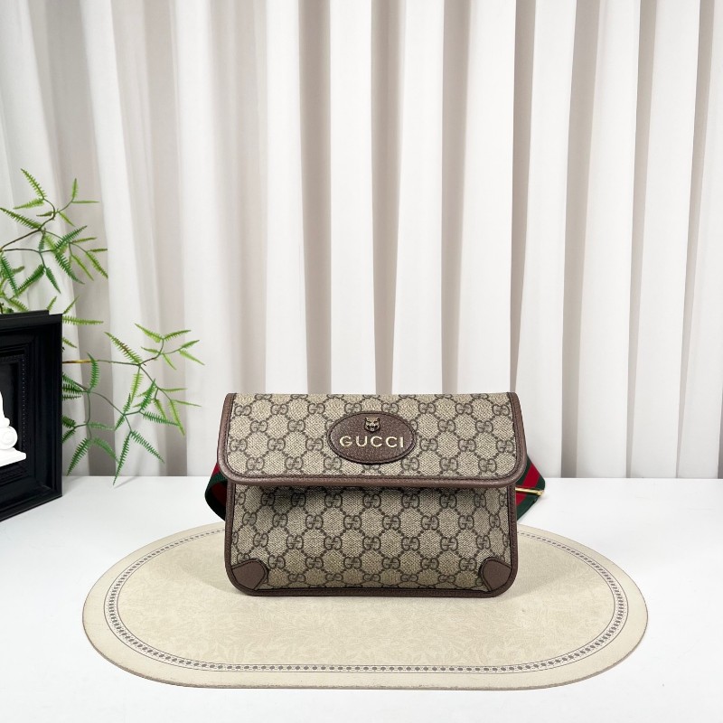 GUCCI古馳 Neo Vintage系列 燙金徽標老花滿印虎頭裝飾條紋肩帶 帆布拼皮 郵差包 腰包斜挎包 小號 烏木色/棕色-5