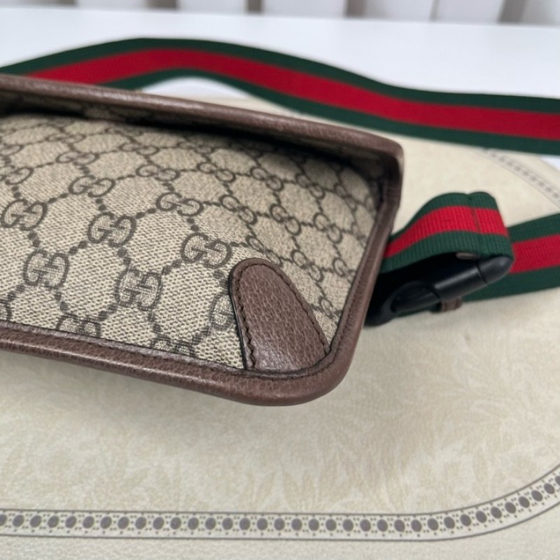 GUCCI古馳 Neo Vintage系列 燙金徽標老花滿印虎頭裝飾條紋肩帶 帆布拼皮 郵差包 腰包斜挎包 小號 烏木色/棕色-8