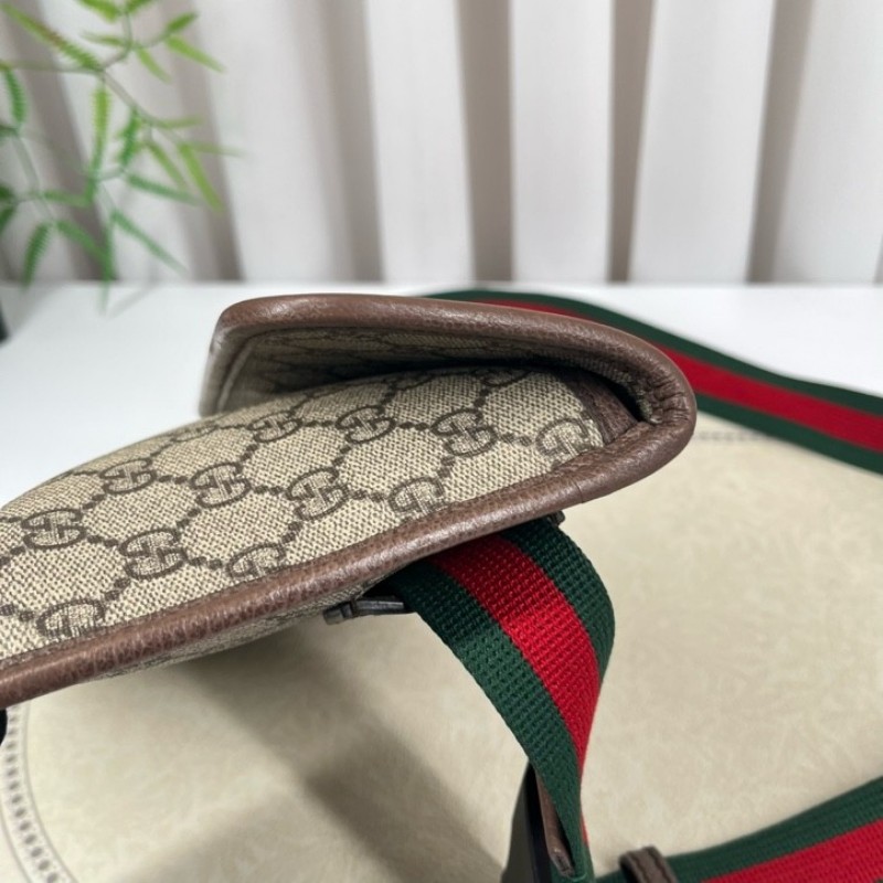 GUCCI古馳 Neo Vintage系列 燙金徽標老花滿印虎頭裝飾條紋肩帶 帆布拼皮 郵差包 腰包斜挎包 小號 烏木色/棕色-9