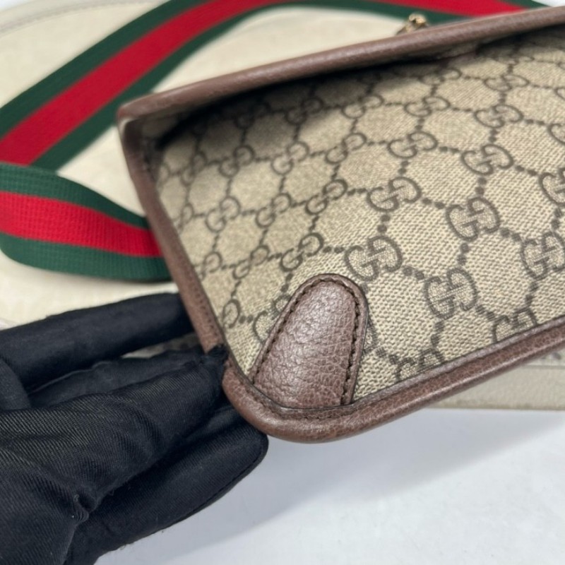 GUCCI古馳 Neo Vintage系列 燙金徽標老花滿印虎頭裝飾條紋肩帶 帆布拼皮 郵差包 腰包斜挎包 小號 烏木色/棕色-10