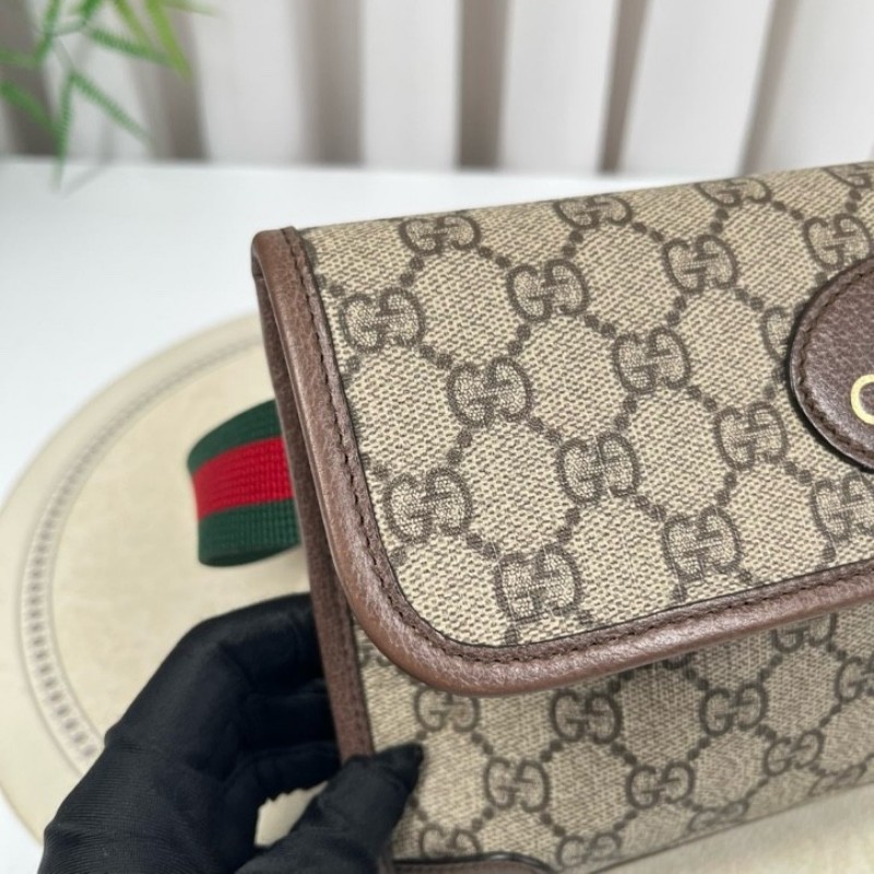 GUCCI古馳 Neo Vintage系列 燙金徽標老花滿印虎頭裝飾條紋肩帶 帆布拼皮 郵差包 腰包斜挎包 小號 烏木色/棕色-11