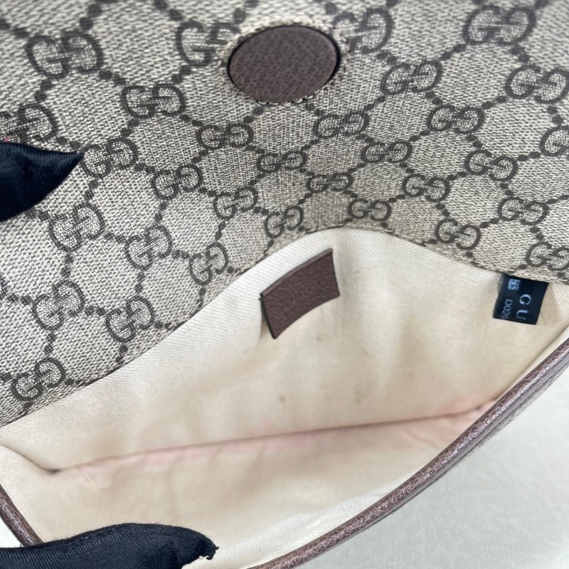 GUCCI古馳 Neo Vintage系列 燙金徽標老花滿印虎頭裝飾條紋肩帶 帆布拼皮 郵差包 腰包斜挎包 小號 烏木色/棕色-12