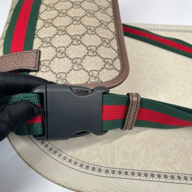 GUCCI古馳 Neo Vintage系列 燙金徽標老花滿印虎頭裝飾條紋肩帶 帆布拼皮 郵差包 腰包斜挎包 小號 烏木色/棕色-13
