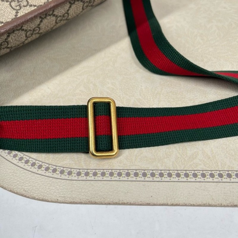 GUCCI古馳 Neo Vintage系列 燙金徽標老花滿印虎頭裝飾條紋肩帶 帆布拼皮 郵差包 腰包斜挎包 小號 烏木色/棕色-14