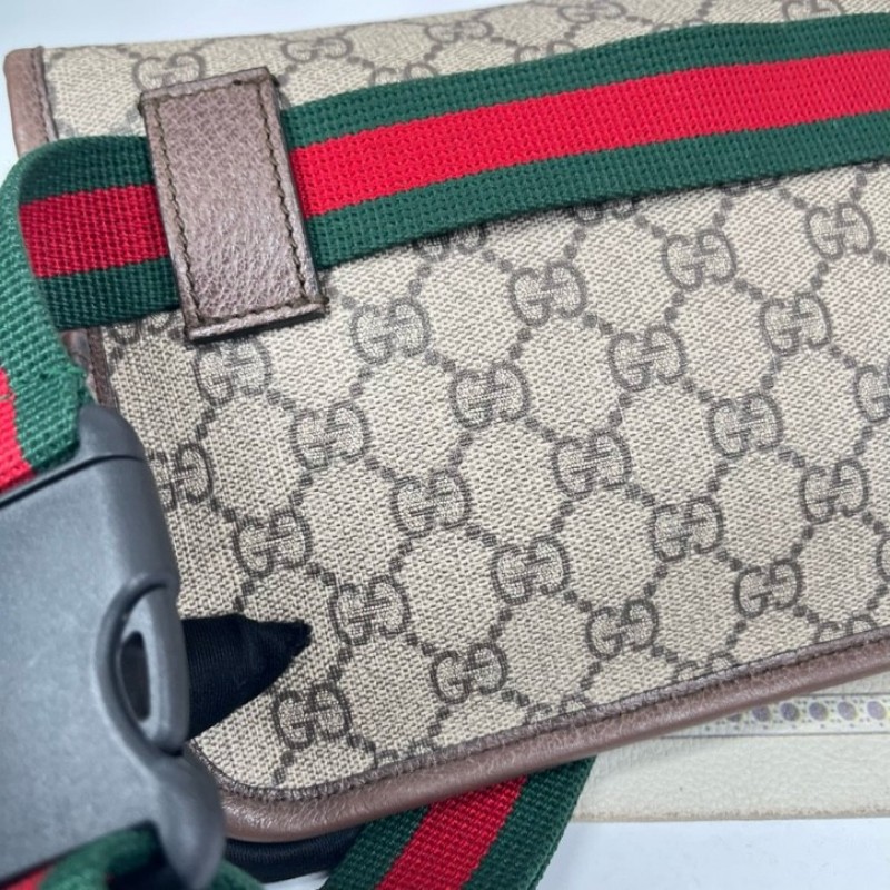 GUCCI古馳 Neo Vintage系列 燙金徽標老花滿印虎頭裝飾條紋肩帶 帆布拼皮 郵差包 腰包斜挎包 小號 烏木色/棕色-16