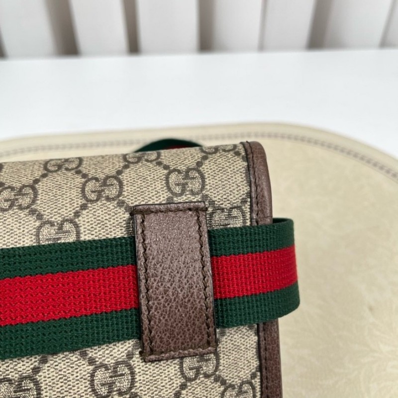 GUCCI古馳 Neo Vintage系列 燙金徽標老花滿印虎頭裝飾條紋肩帶 帆布拼皮 郵差包 腰包斜挎包 小號 烏木色/棕色-19