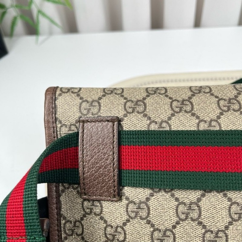 GUCCI古馳 Neo Vintage系列 燙金徽標老花滿印虎頭裝飾條紋肩帶 帆布拼皮 郵差包 腰包斜挎包 小號 烏木色/棕色-20