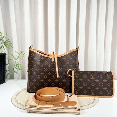 sz yff LV路易威登 25年8月票 芯片款 Carryall PM小號子母包 經典老花滿印購物袋 塗層帆布拼牛皮飾邊 手提單肩包托特包 女款 棕色