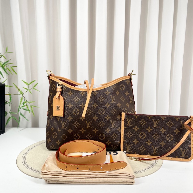 sz yff LV路易威登 25年8月票 芯片款 Carryall PM小號子母包 經典老花滿印購物袋 塗層帆布拼牛皮飾邊 手提單肩包托特包 女款 棕色-1