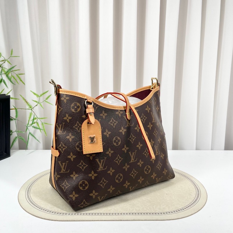 sz yff LV路易威登 25年8月票 芯片款 Carryall PM小號子母包 經典老花滿印購物袋 塗層帆布拼牛皮飾邊 手提單肩包托特包 女款 棕色-3
