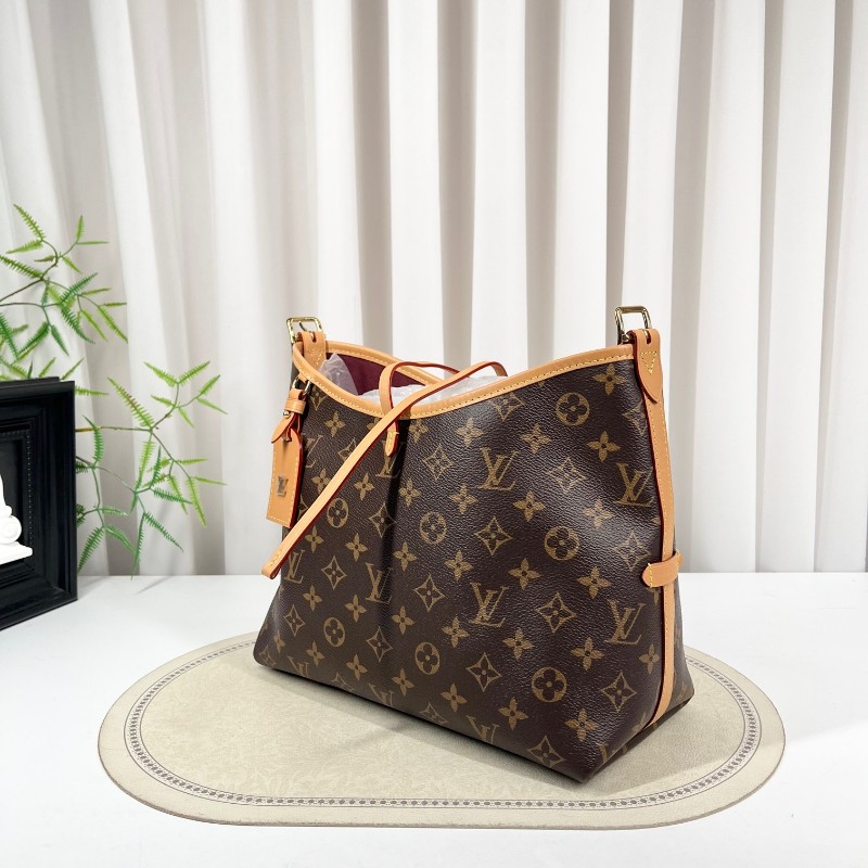 sz yff LV路易威登 25年8月票 芯片款 Carryall PM小號子母包 經典老花滿印購物袋 塗層帆布拼牛皮飾邊 手提單肩包托特包 女款 棕色-4